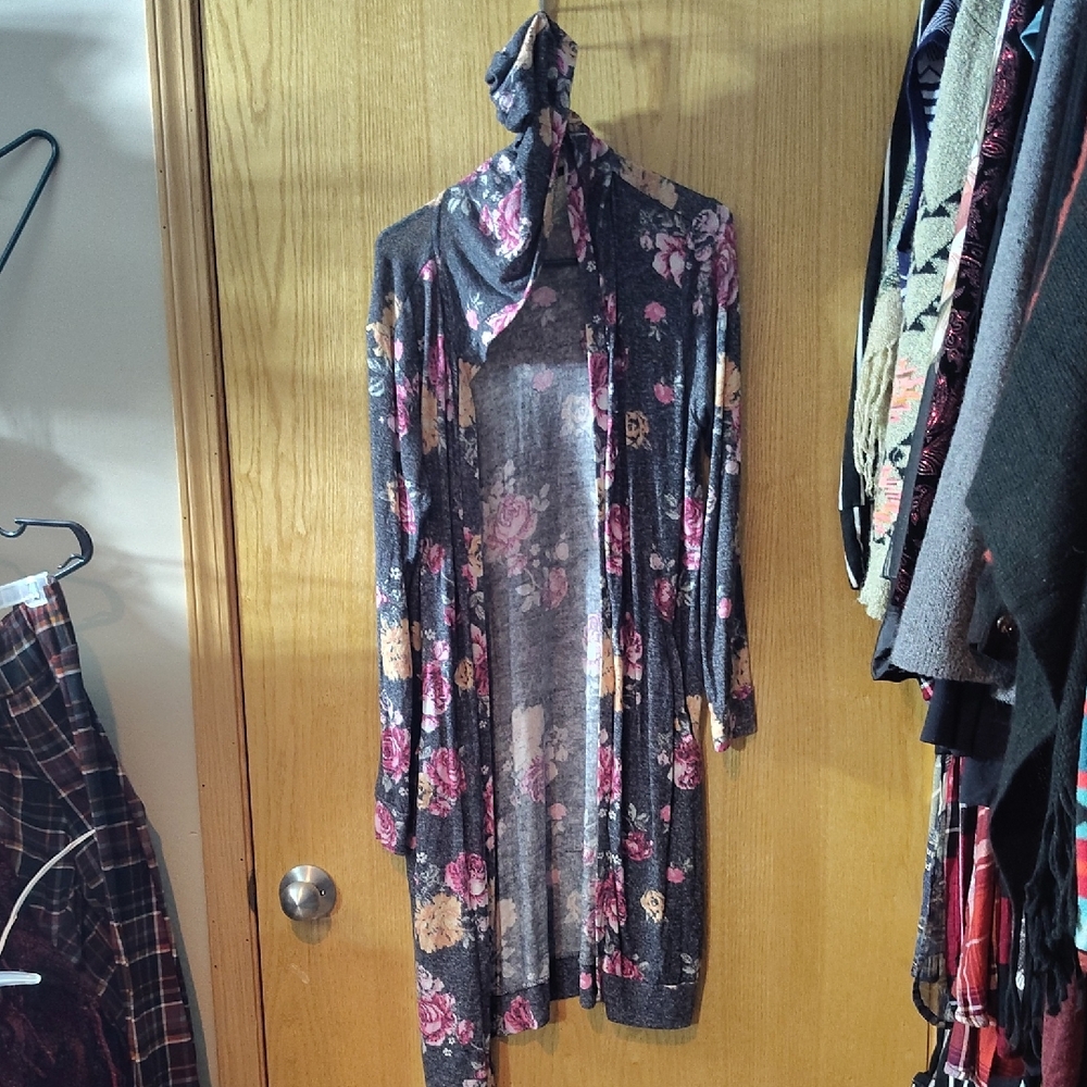 No Boundaries Floral Hooded Open-Front Cardigan in Dark Gray with Pink Accents